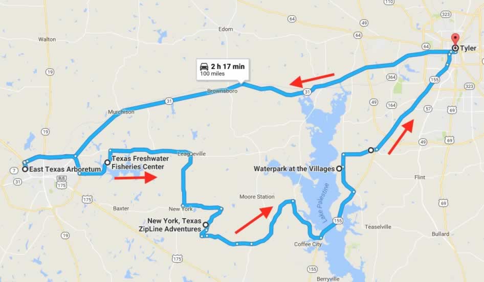 Route and map of the East Texas Outdoor Adventure road trip
