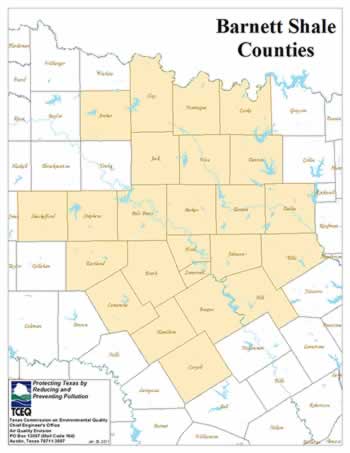 Map of the Texas counties in which the Barnett Shale is located