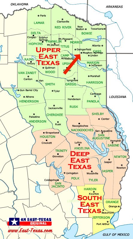 Map showing the location of Hughes Springs in South East Texas
