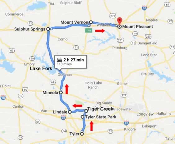 Route and map of the East Texas Road Trip in Northern Upper East Texas