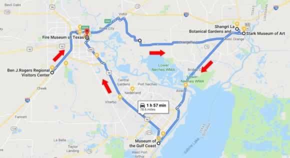 Route and map a road trip through the Golden Triangle of Texas, from Beaumont to Orange to Port Arthur