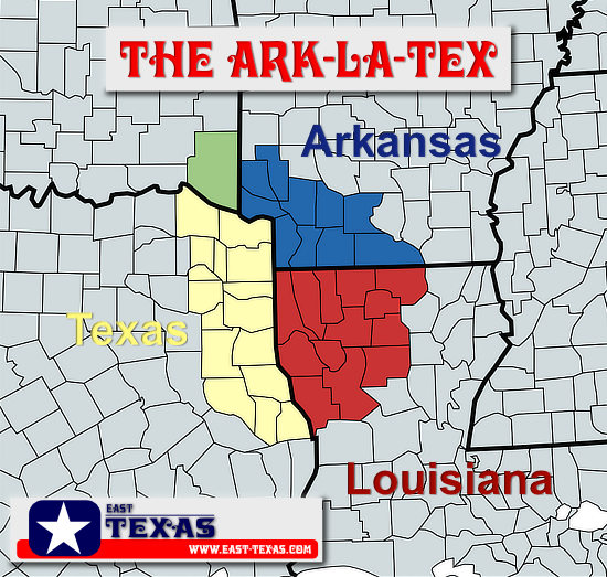 Map of the Ark-La-Tex region showing counties in  Arkansas, Louisiana and Texas