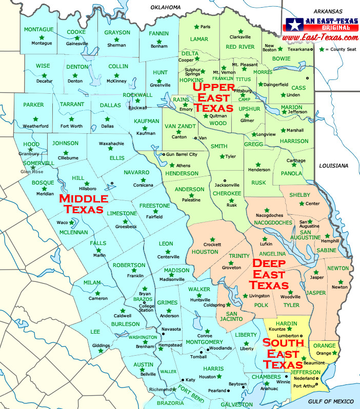Map of Middle Texas Counties and County Seats