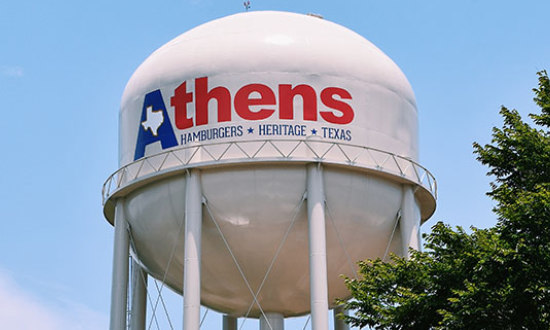 The water tower in Athens ... "Hamburgers, heritage and Texas"