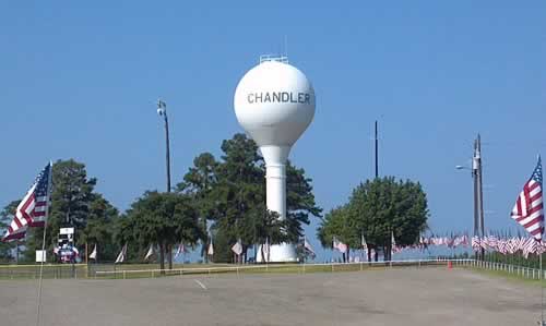 Chandler Water Tower and American Flags in East Texas