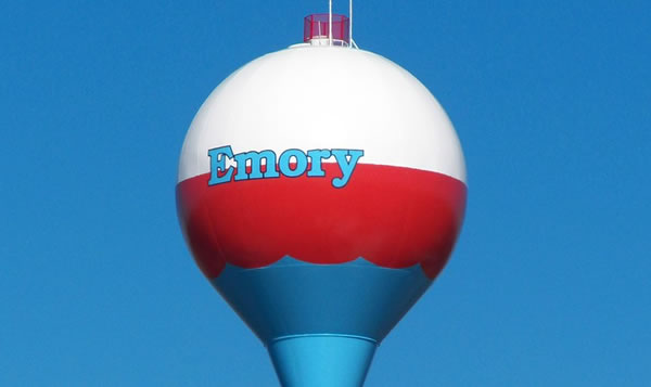The water tower in Emory, Texas in Rains County