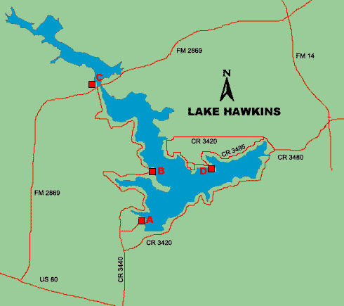 Map of Lake Hawkins in East Texas