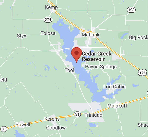 Map showing the location of Cedar Creek Reservoir in East Texas near Gun Barrel City
