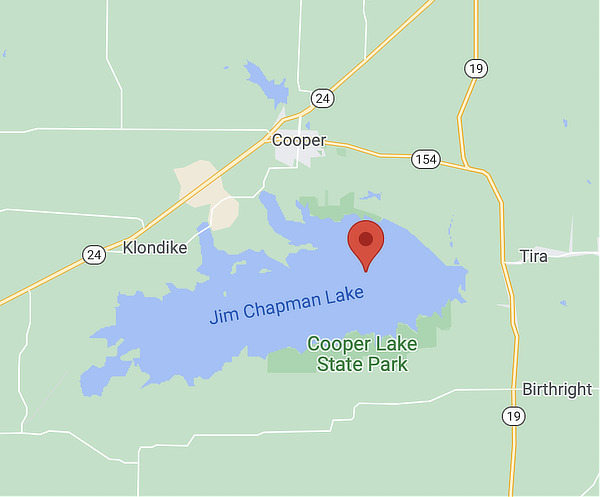 Map showing the location of Jim Chapman Lake near the City of Cooper in Texas