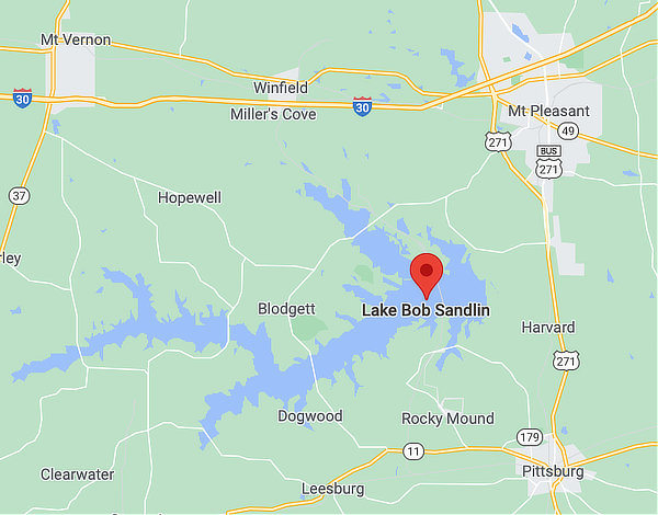 Map showing the location of Lake Bob Sandlin in East Texas near Mount Pleasant