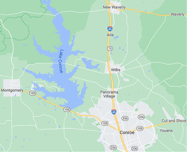 Map showing the location of Lake Conroe in Texas