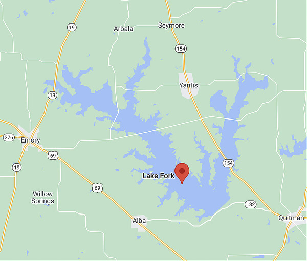 Map showing the location of Lake Fork in East Texas near Quitman and Emory