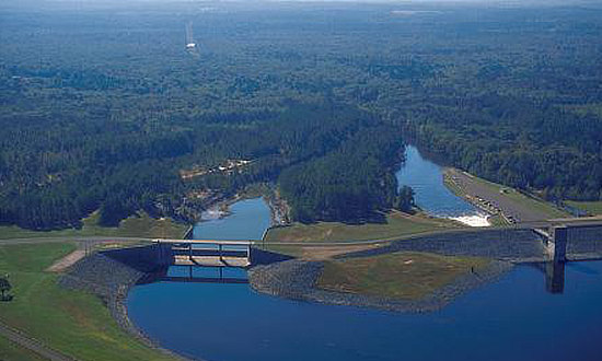 Aerial view of the dam at Lake O' the Pines