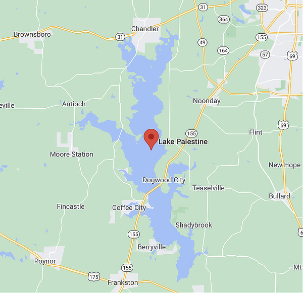 Map showing the location of Lake Palestine in East Texas near Tyler