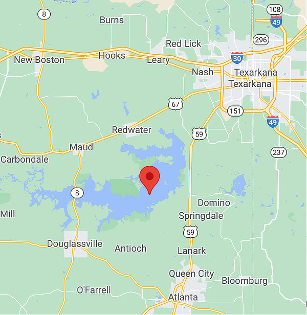 Map showing the location of Wright Patman Lake in East Texas near Texarkana