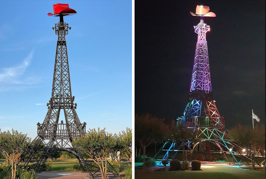 The Eiffel Tower in Paris, Texas ... seen in the day, and at night!