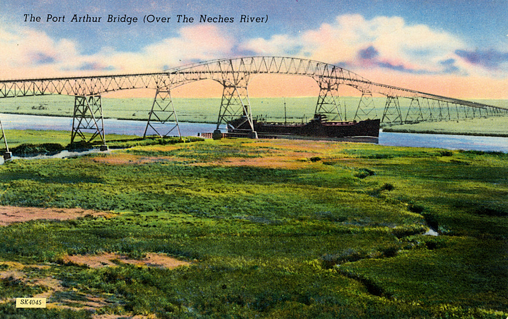 Vintage view of the Rainbow Bridge over the Neches River near Bridge City, Texa