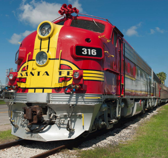 Santa Fe EMD F7 diesel locomotive 316 in "Warbonnet" livery at the Galveston Railroad Museum