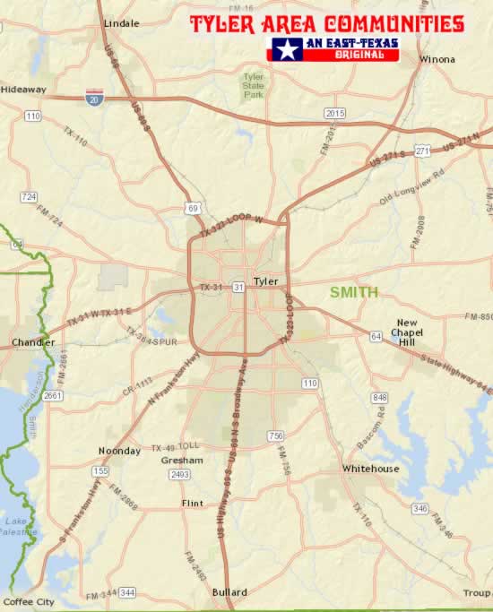 Map Showing Location of Chandler in the Tyler Metro Area