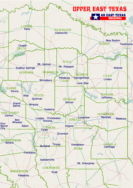 Map of East Texas counties and cities showing the location of Gladewater